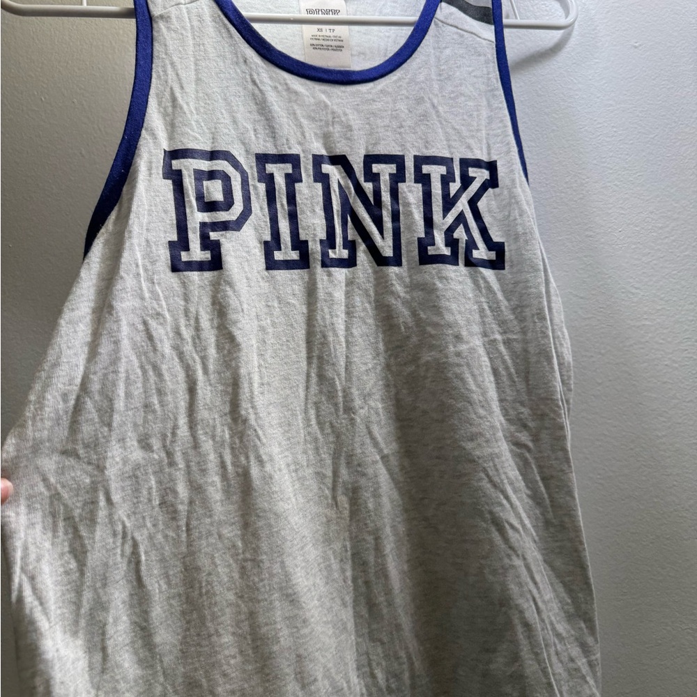 PINK Victoria's Secret Heather Gray Tank with Navy Trim